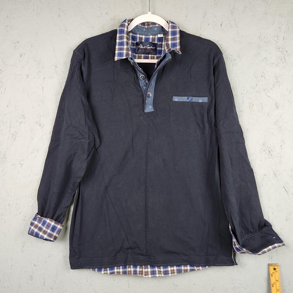 Robert Graham Pullover Shirt Mens Medium Blue Plaid Collar Tailored Fit Flip Cuf